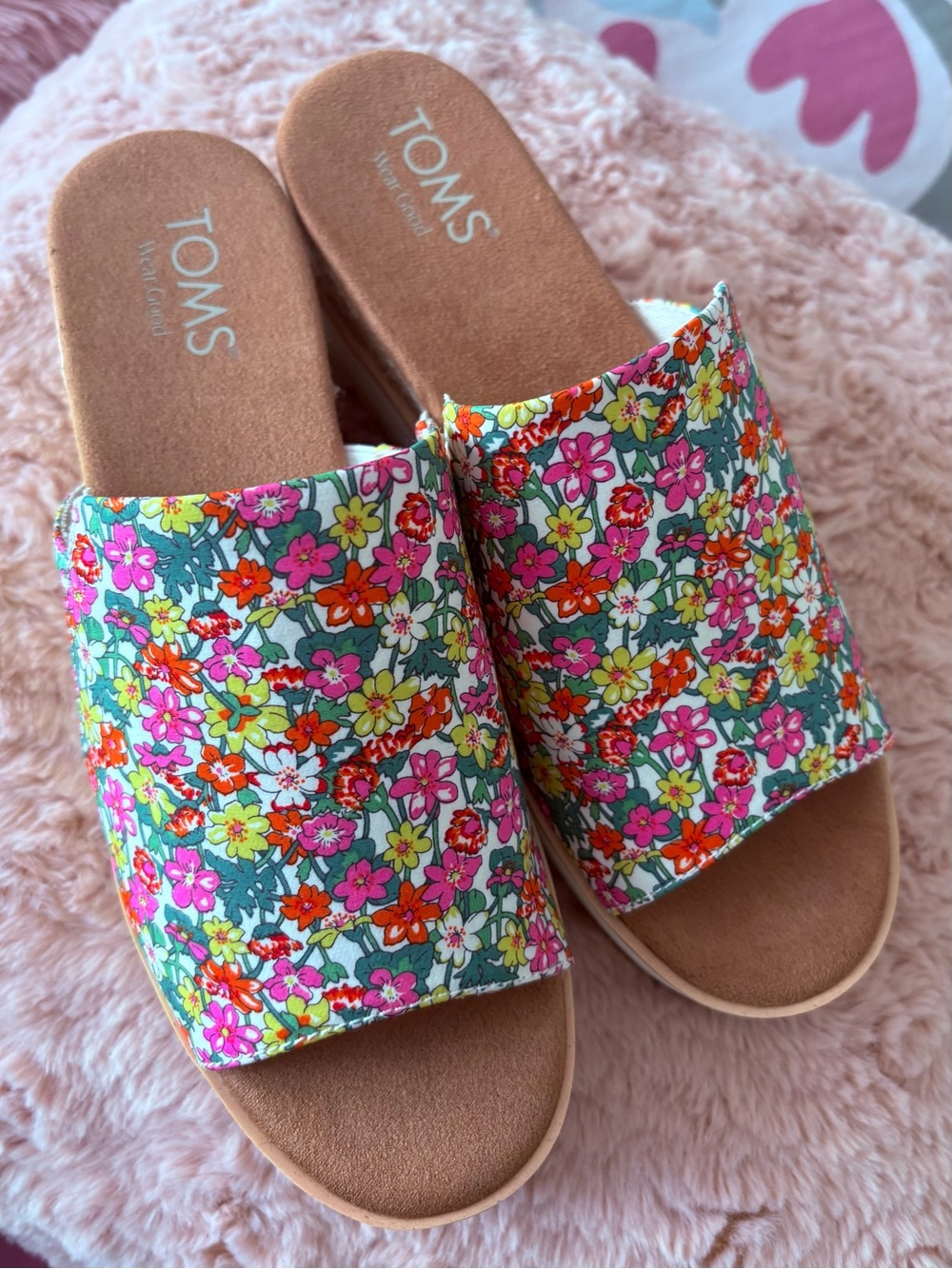 TOMS Floral Slip-On Mules - Pink, Yellow, Orange, Green. Never worn.